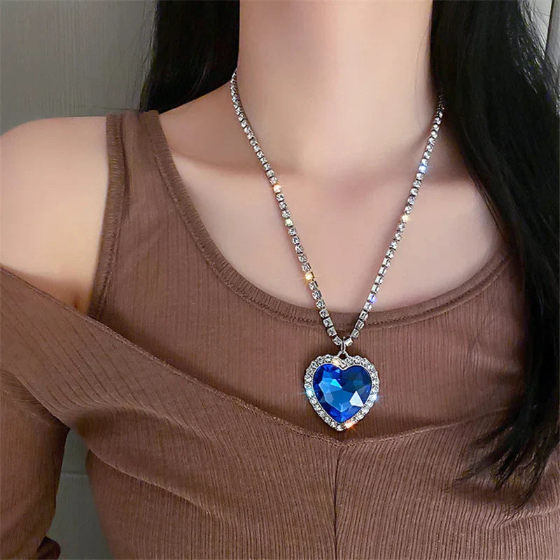 Blue Heart Crystal Necklaces for Women Long Chain Pendant Necklaces Statement Jewelry-Dollar Bargains Online Shopping Australia
