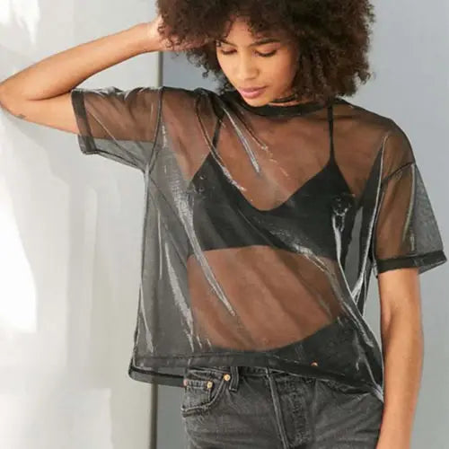 Sexy See Through T Shirt Women Sheer Mesh Fish Net Short Sleeve O Neck Crop Top T-Shirt Summer Lady Clubwear-Dollar Bargains Online Shopping Australia