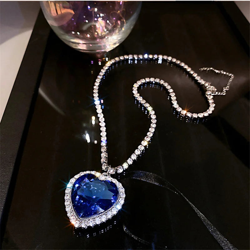 Blue Heart Crystal Necklaces for Women Long Chain Pendant Necklaces Statement Jewelry-Dollar Bargains Online Shopping Australia