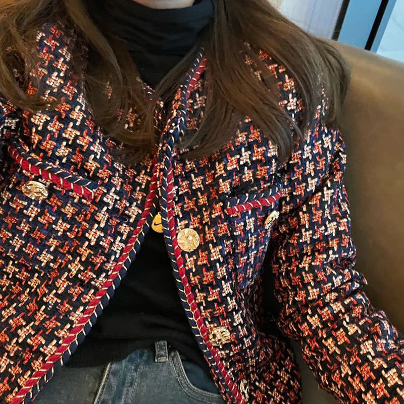 Elegant Weave Plaid Women Blazer Pocket Plus Velvet Winter Causal Tweed Coat Office Ladies Suit Jacket-Dollar Bargains Online Shopping Australia