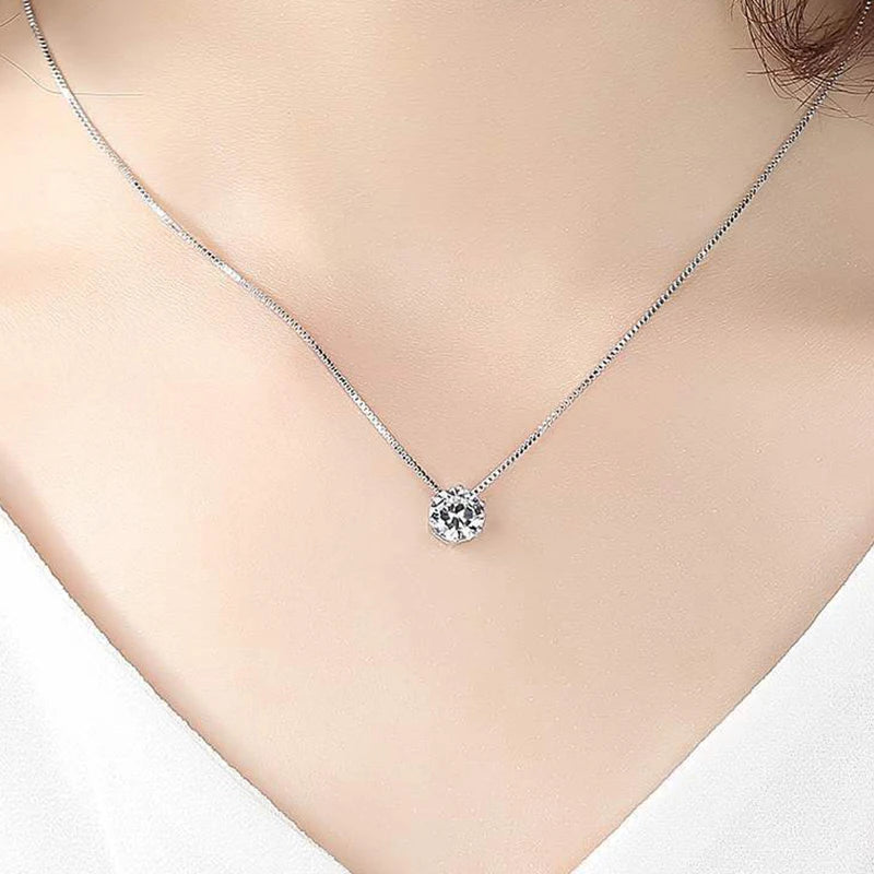 Silver Geometric Simple Round Choker AAA Zircon Pendant Necklace Women Engagement Fine