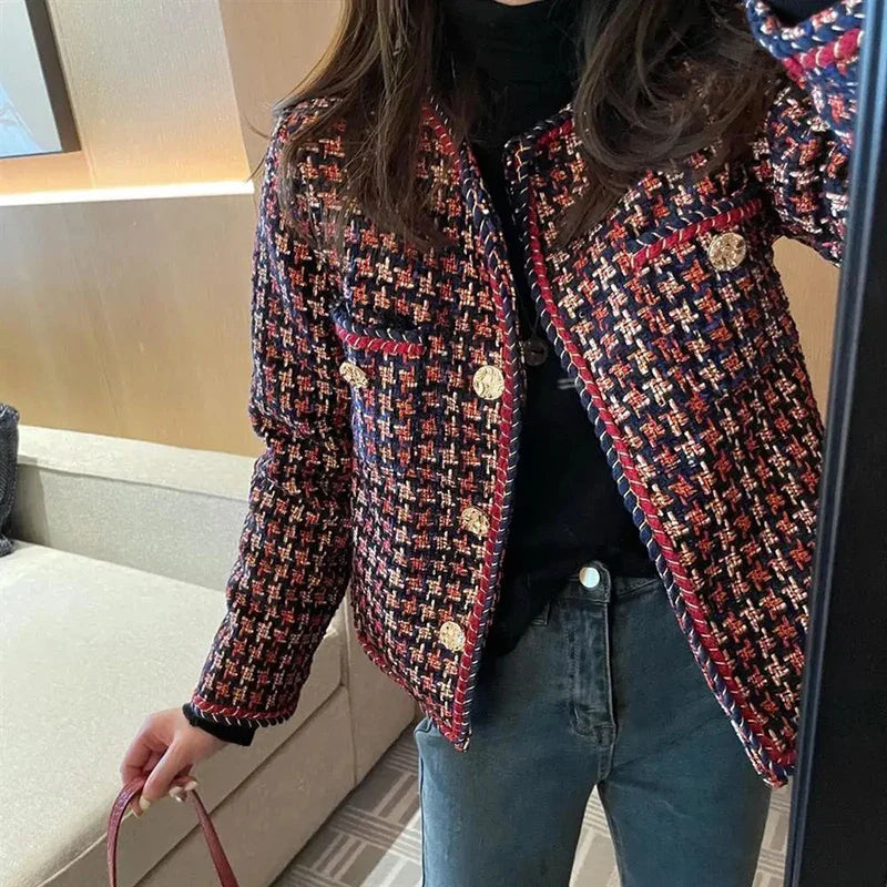 Elegant Weave Plaid Women Blazer Pocket Plus Velvet Winter Causal Tweed Coat Office Ladies Suit Jacket-Dollar Bargains Online Shopping Australia