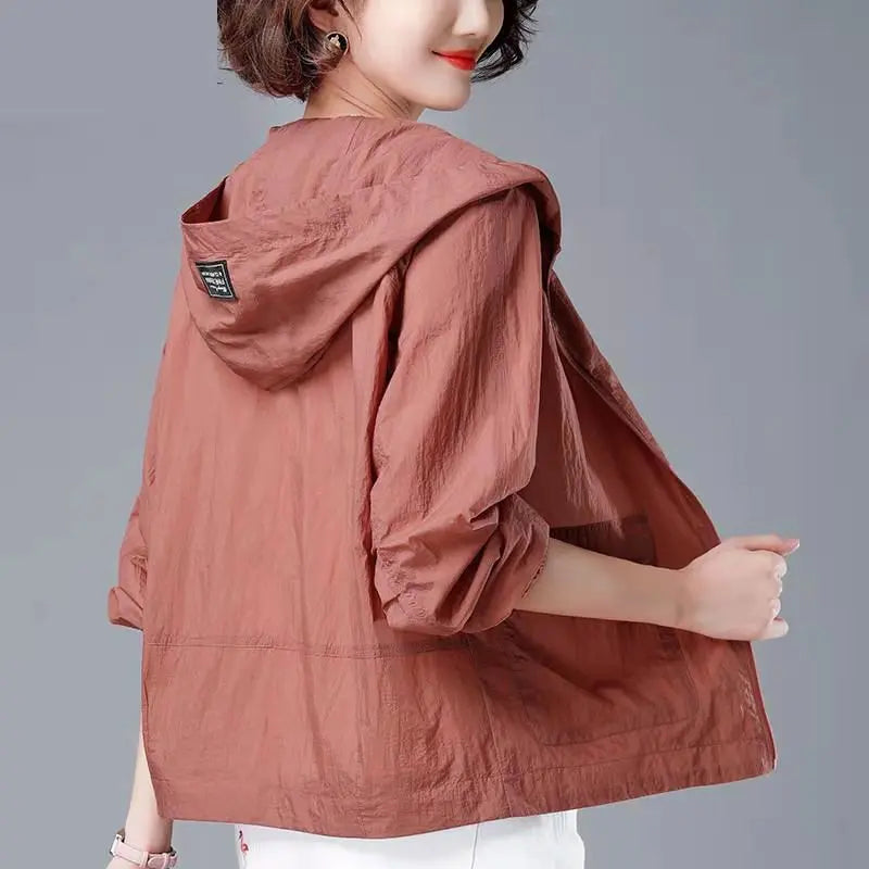 Korean Fashion Solid Color Women's Spring Jacket All-Match Jackets Hooded Thin Sunscreen Coat-Dollar Bargains Online Shopping Australia