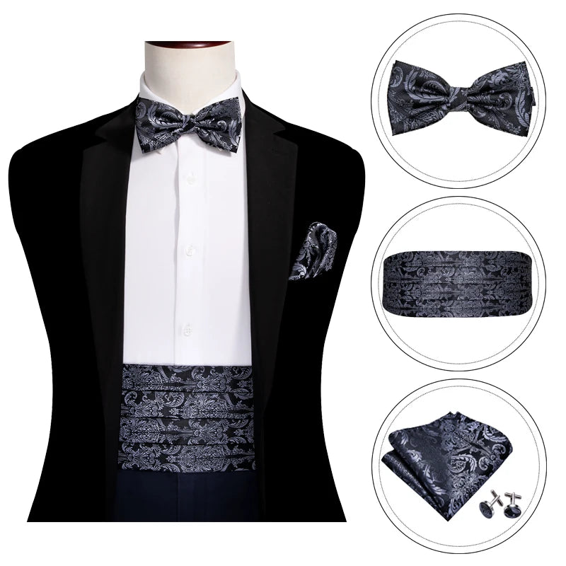Black Paisley Men Cummerbund Silk Floral Bow Tie Set Pocket Square Cufflink Formal Tuxedo Suit Accessories