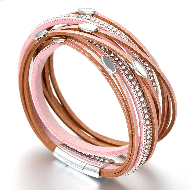 Leaf Charm Pink Leather Bracelets for Women Men Crystal Chain Boho Multilayer Wrap Bracelet Femme Jewelry-Dollar Bargains Online Shopping Australia