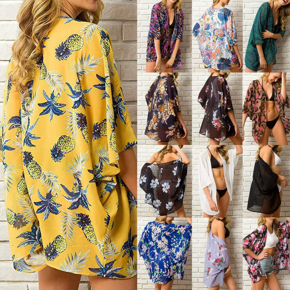 Women Floral Kimono Swim Cover-Ups Female Beach Boho Cardigan Bathing Tops Beach Bikini Cover Up Outfits