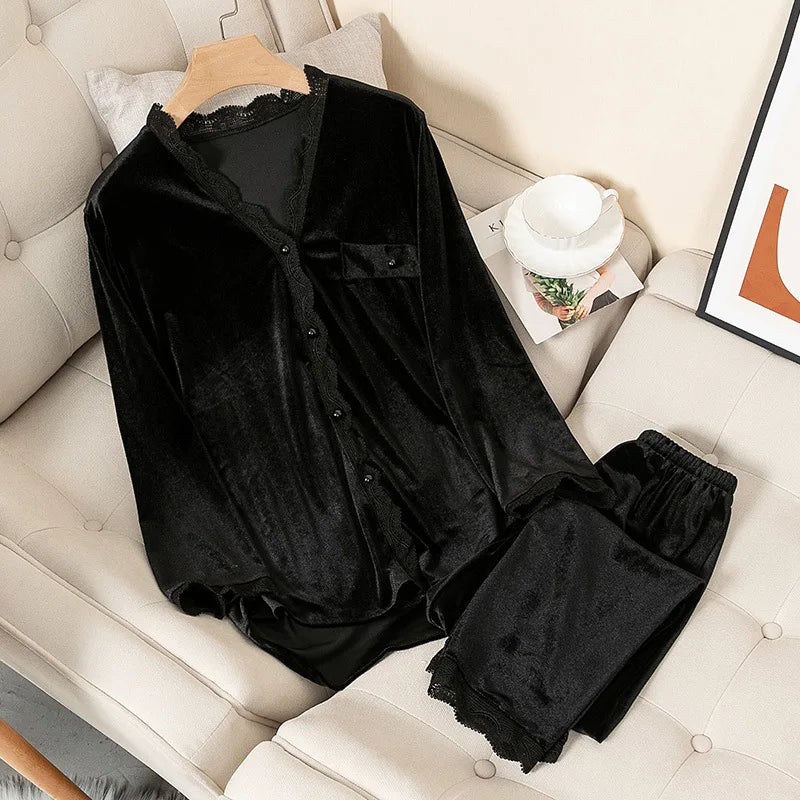 Velvet Pyjamas Women Sleepwear Long Sleeve Casual Nightwear Suit Loose Lace Trim Sleep Set