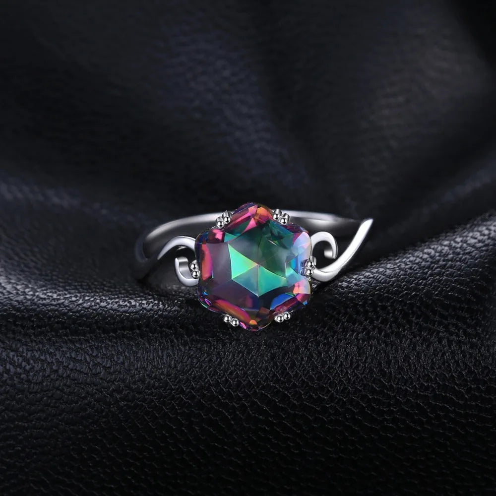 Flower Natural Rainbow Mystic Quartz 925 Sterling Silver Ring for Women Fine Jewelry