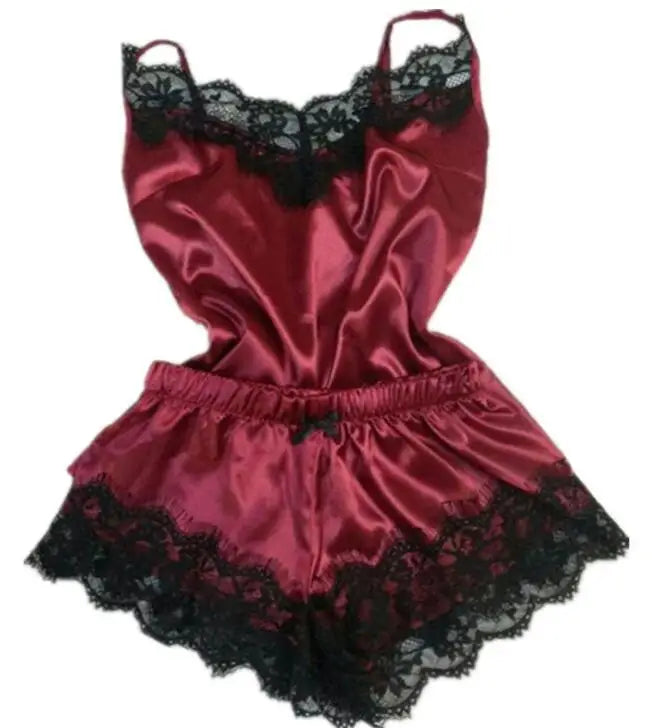 Women Bow Sleepwear Sleeveless Strap Nightwear Lace Trim Satin Cami Top Pajama Sets lingerie pyjamas women-Dollar Bargains Online Shopping Australia