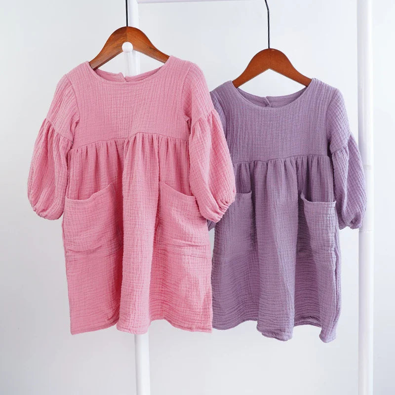 Children's Organic Cotton Double Gauze Loose Pockets Baby Girls Dress Fashion Princess Casual Kids Dresses-Dollar Bargains Online Shopping Australia