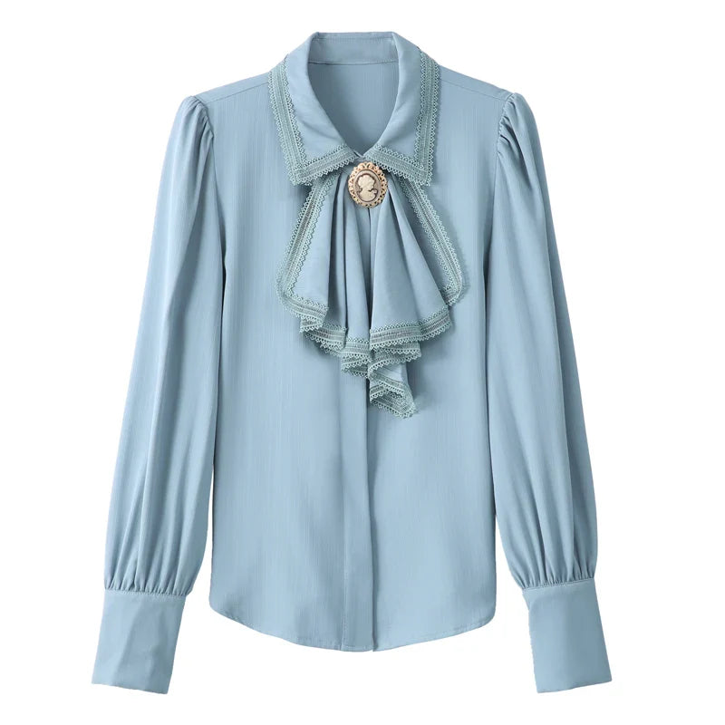 Retro Blue Chiffon Blouse Autumn Spring Bowknot Workwear OL Tops Elegant Women Long sleeve Lace shirt-Dollar Bargains Online Shopping Australia