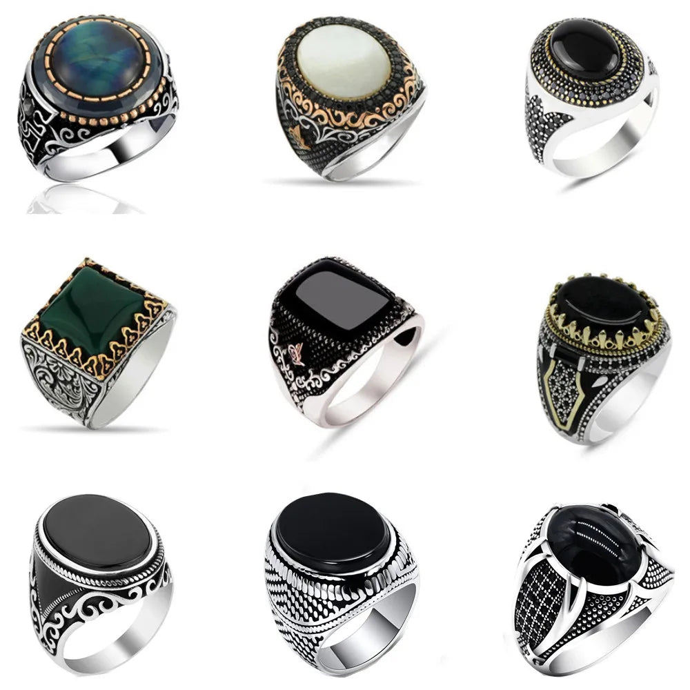 30 Styles Vintage Handmade Turkish Signet Ring For Men Women Ancient Silver Color Black Onyx Stone Punk Rings Religious Jewelry