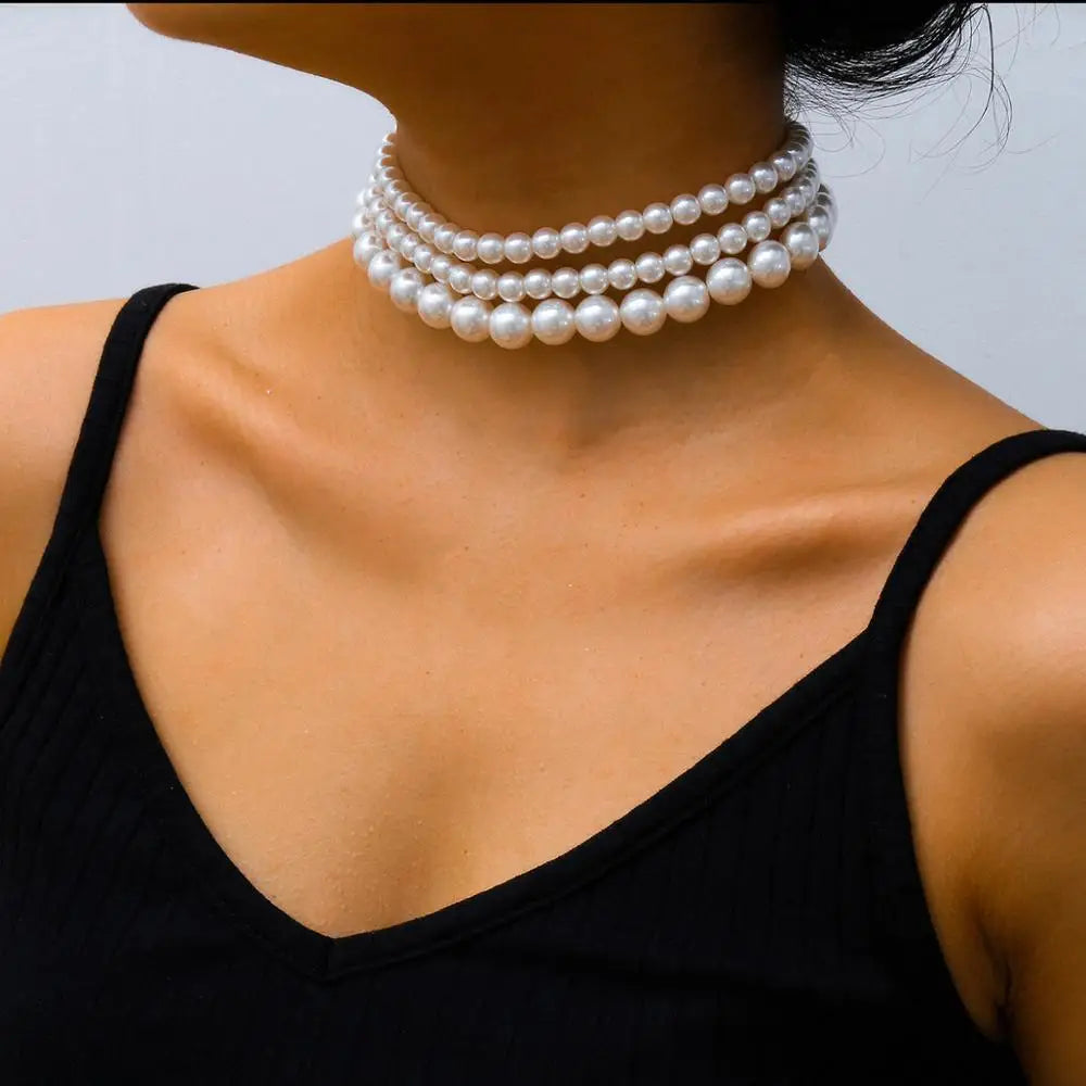 Multi-Layer White Imitation Pearl Necklace Bead Chain Punk Ladies Wedding Short Clavicle Charm Banquet Jewelry