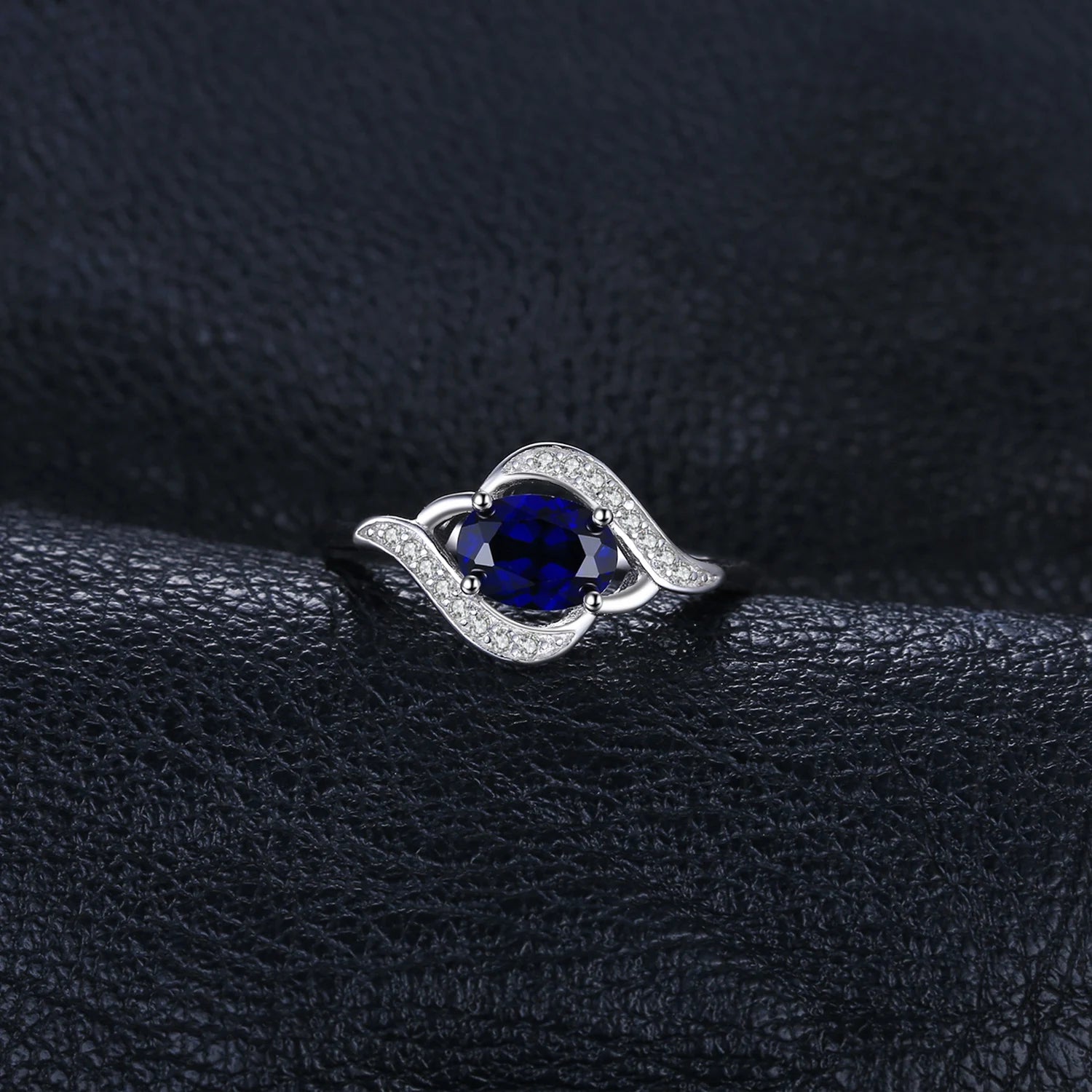 Created Blue Sapphire 925 Sterling Silver Ring for Women Statement Halo Engagement Ring Oval Gemstone Jewelry