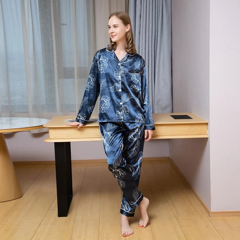 women Silk Satin pyjamas set Long sleeve Shirt with Trouser Sleepwear Loungewear Female Pyjamas Suits-Dollar Bargains Online Shopping Australia