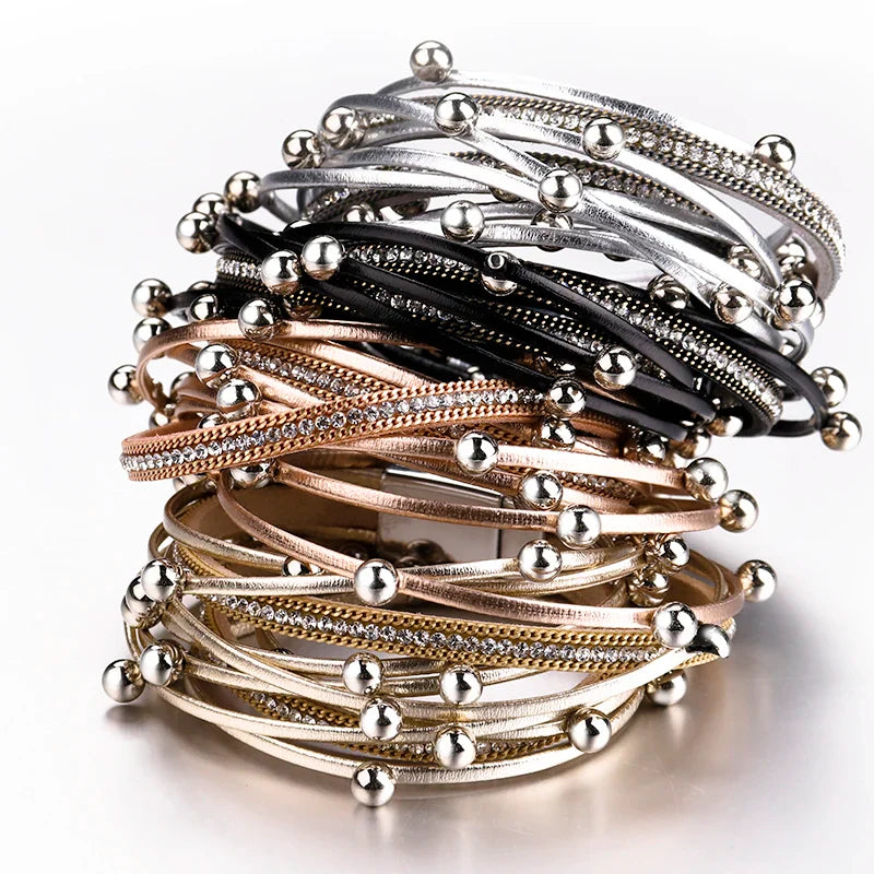 Metal Beads Charm Leather Bracelets for Women Fashion Crystal Chain Bohemian Multilayer Wrap Bracelet Female Jewelry-Dollar Bargains Online Shopping Australia