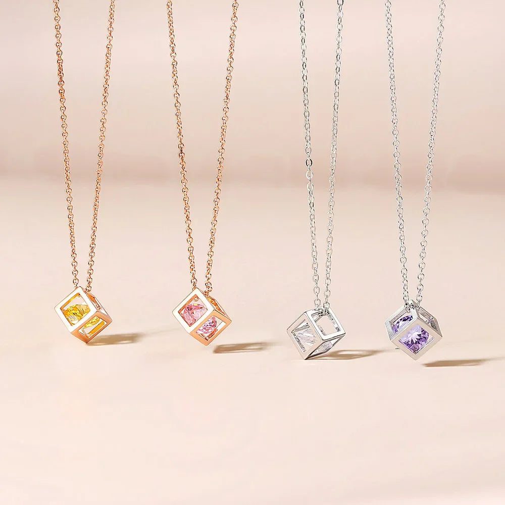 Charms Necklace For Women Aesthetic Cube Pink Zircon Rose Gold Color Choker Chain On Neck Jewelry Korean Pendants-Dollar Bargains Online Shopping Australia