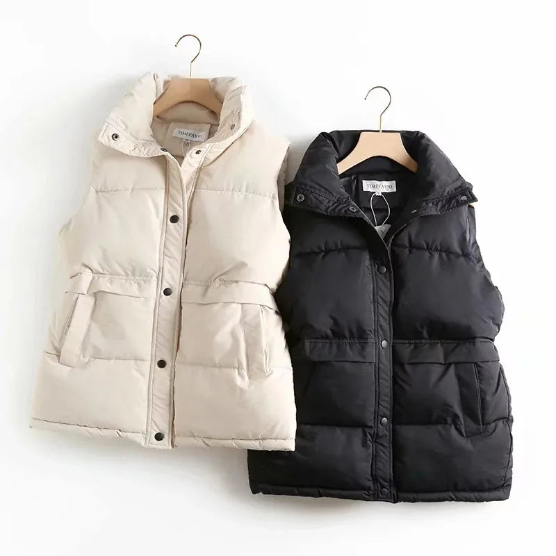 Women Solid Loose Vest Drawstring Stand Collar Long Vest Jacket  Cotton Padded Women Windproof Warm Waistcoat
