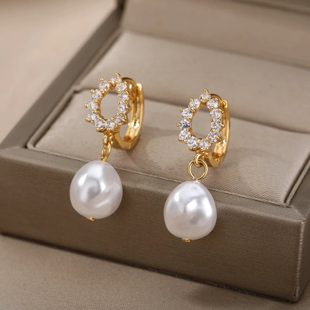 Baroque Pearl Earrings For Women Stainless Steel Zircon Water Droplet Steel Ring Drop Earring Wedding Party Jewelry Bijoux Femme