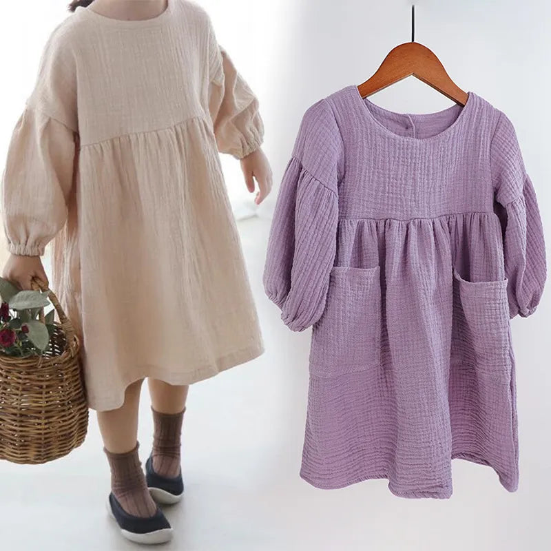 Children's Organic Cotton Double Gauze Loose Pockets Baby Girls Dress Fashion Princess Casual Kids Dresses-Dollar Bargains Online Shopping Australia