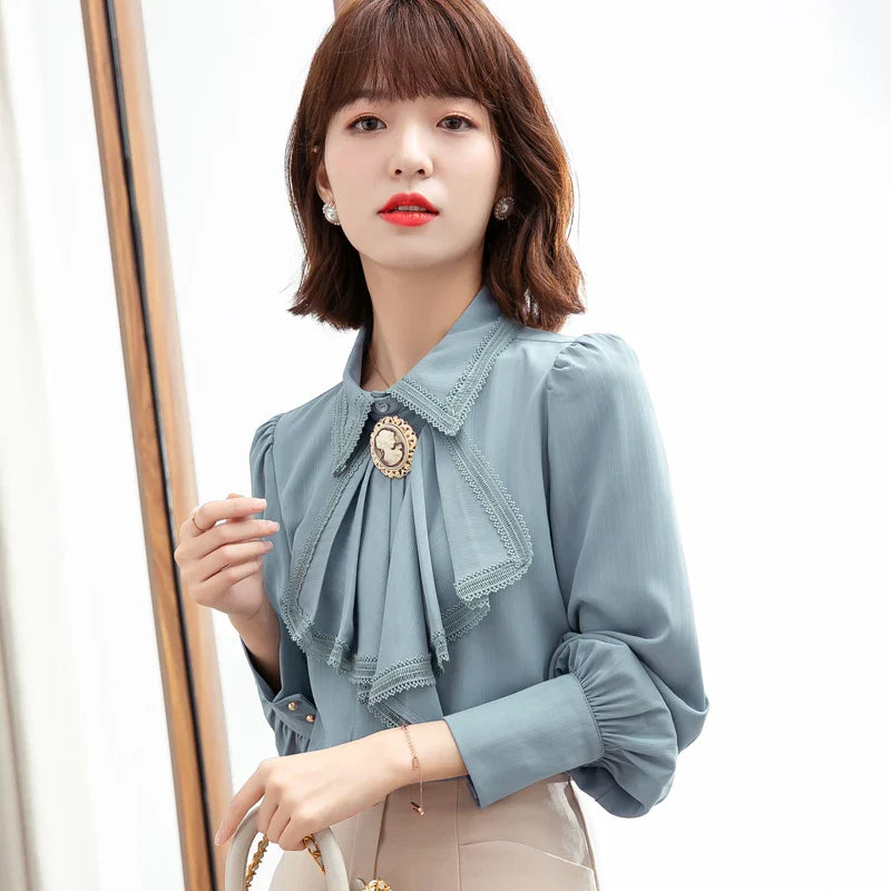 Retro Blue Chiffon Blouse Autumn Spring Bowknot Workwear OL Tops Elegant Women Long sleeve Lace shirt-Dollar Bargains Online Shopping Australia
