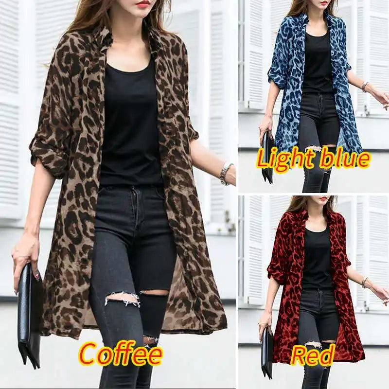 Leopard Cardigans Women's Summer Blouses Long Kimono Cape Female Lapel Tunic