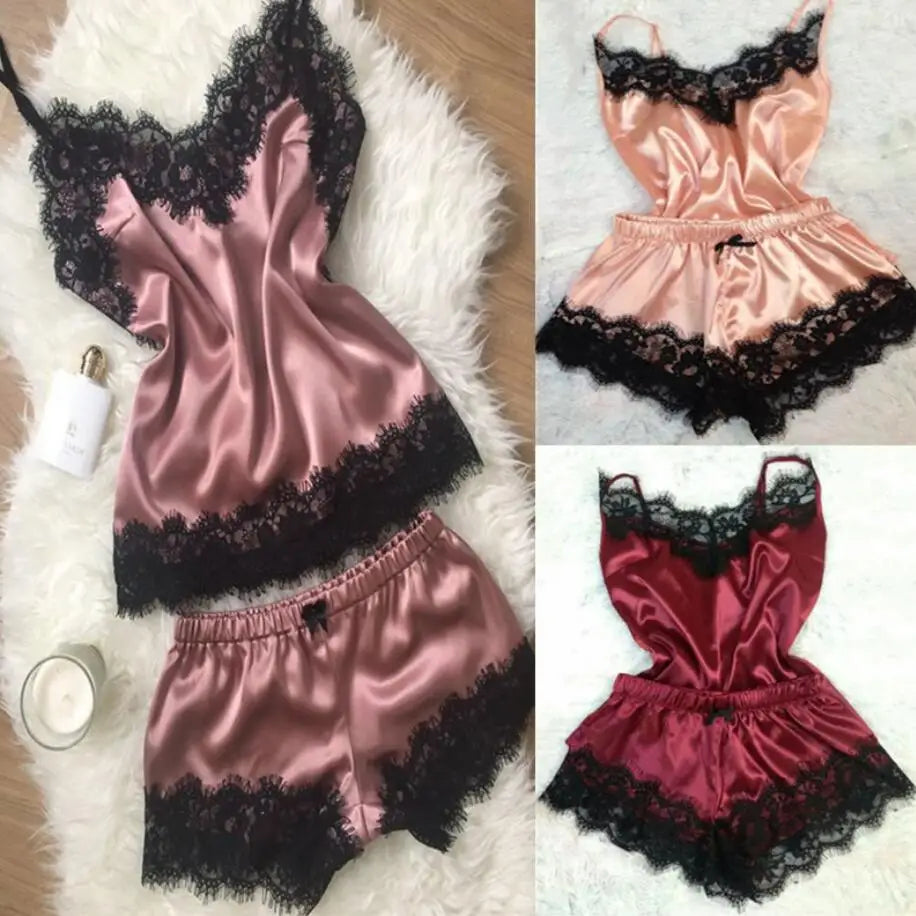 Women Bow Sleepwear Sleeveless Strap Nightwear Lace Trim Satin Cami Top Pajama Sets lingerie pyjamas women-Dollar Bargains Online Shopping Australia