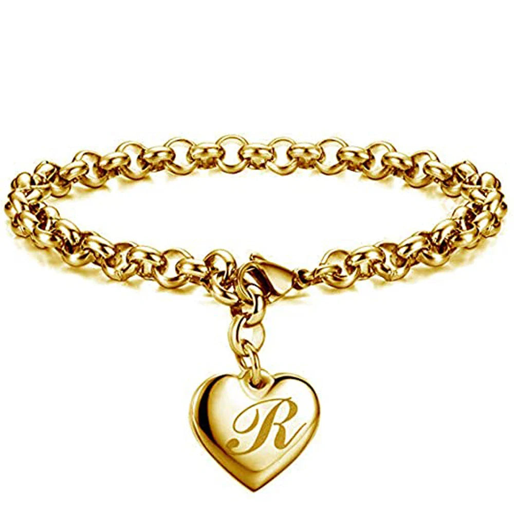 Initial Charm Gold-Color Bracelets Stainless Steel Heart 26 Letters Alphabet Bracelet for Women Girls Kids Gifts-Dollar Bargains Online Shopping Australia
