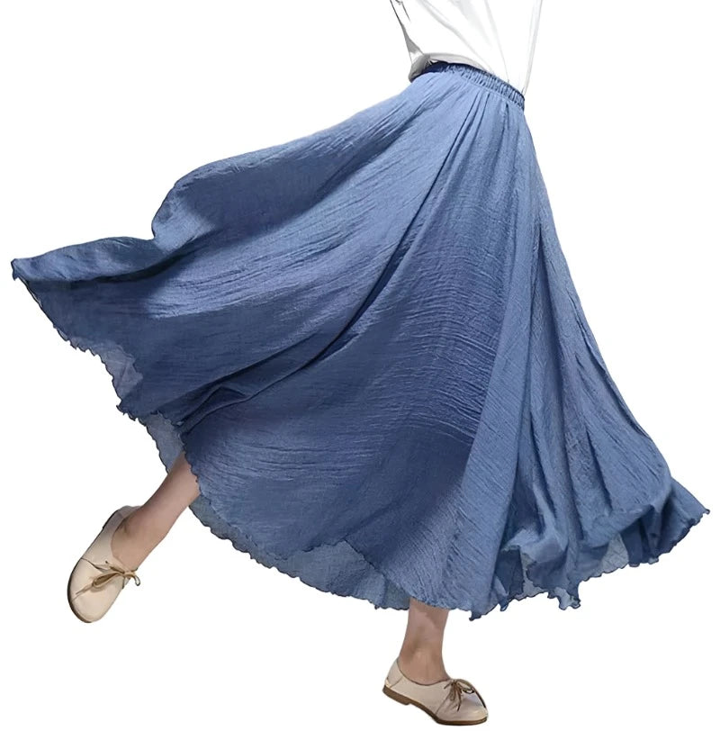 Women's Elegant High Waist Linen Maxi Skirt Summer Ladies Casual Elastic Waist 2 Layers Skirts