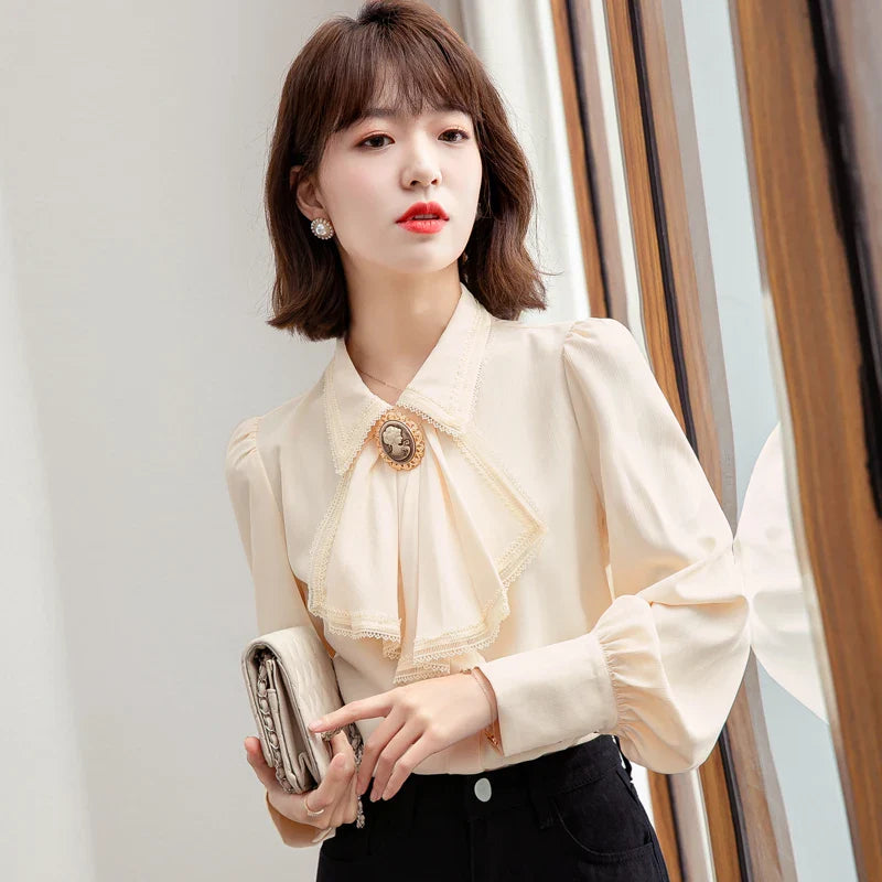 Retro Blue Chiffon Blouse Autumn Spring Bowknot Workwear OL Tops Elegant Women Long sleeve Lace shirt-Dollar Bargains Online Shopping Australia