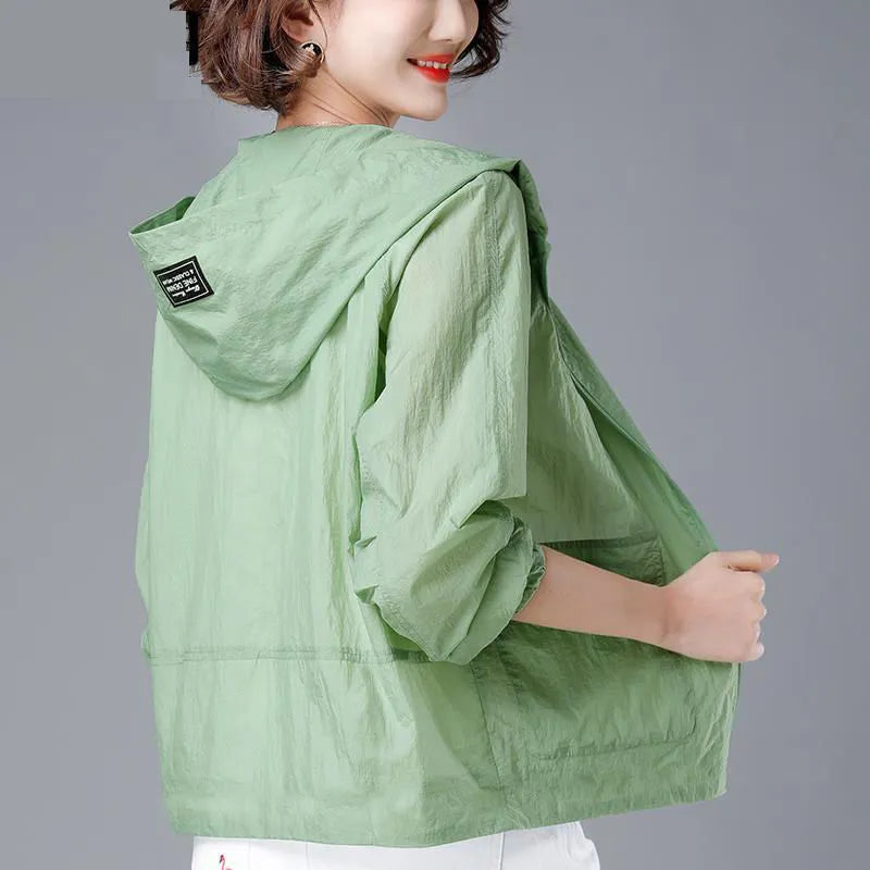 Korean Fashion Solid Color Women's Spring Jacket All-Match Jackets Hooded Thin Sunscreen Coat-Dollar Bargains Online Shopping Australia