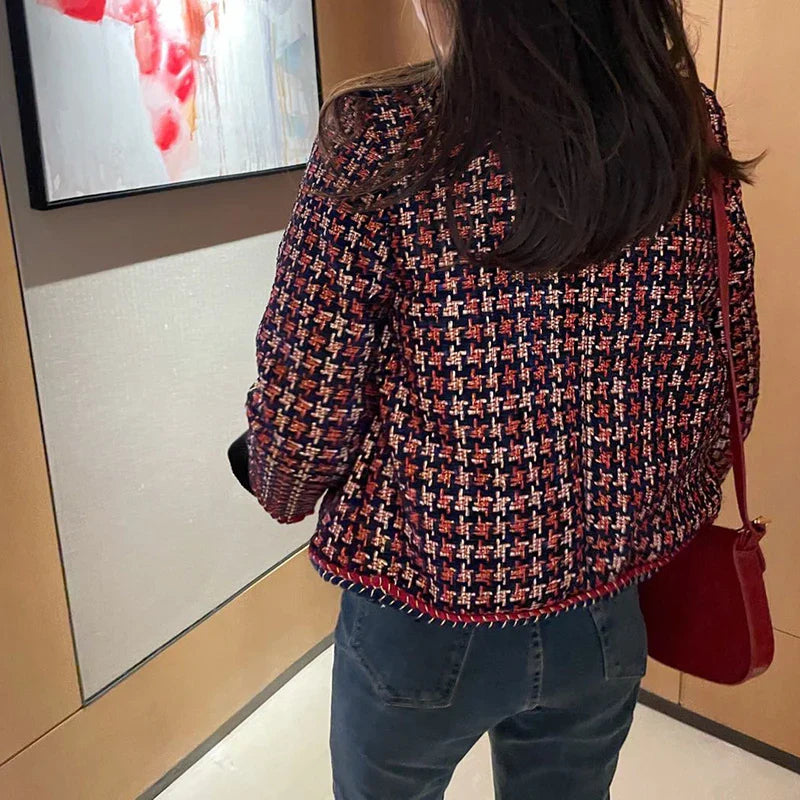 Elegant Weave Plaid Women Blazer Pocket Plus Velvet Winter Causal Tweed Coat Office Ladies Suit Jacket-Dollar Bargains Online Shopping Australia