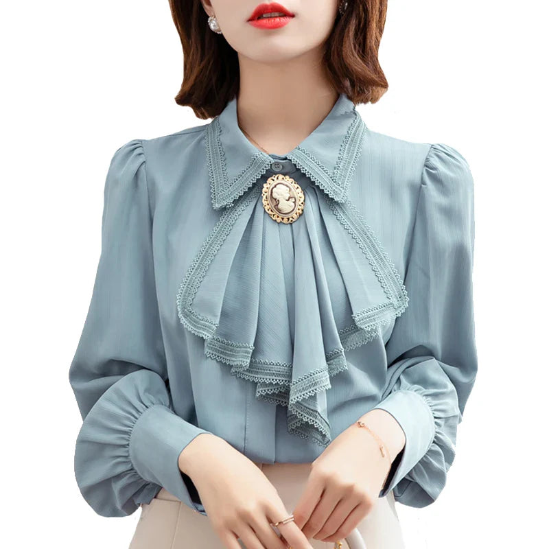 Retro Blue Chiffon Blouse Autumn Spring Bowknot Workwear OL Tops Elegant Women Long sleeve Lace shirt-Dollar Bargains Online Shopping Australia