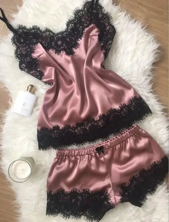 Women Bow Sleepwear Sleeveless Strap Nightwear Lace Trim Satin Cami Top Pajama Sets lingerie pyjamas women-Dollar Bargains Online Shopping Australia