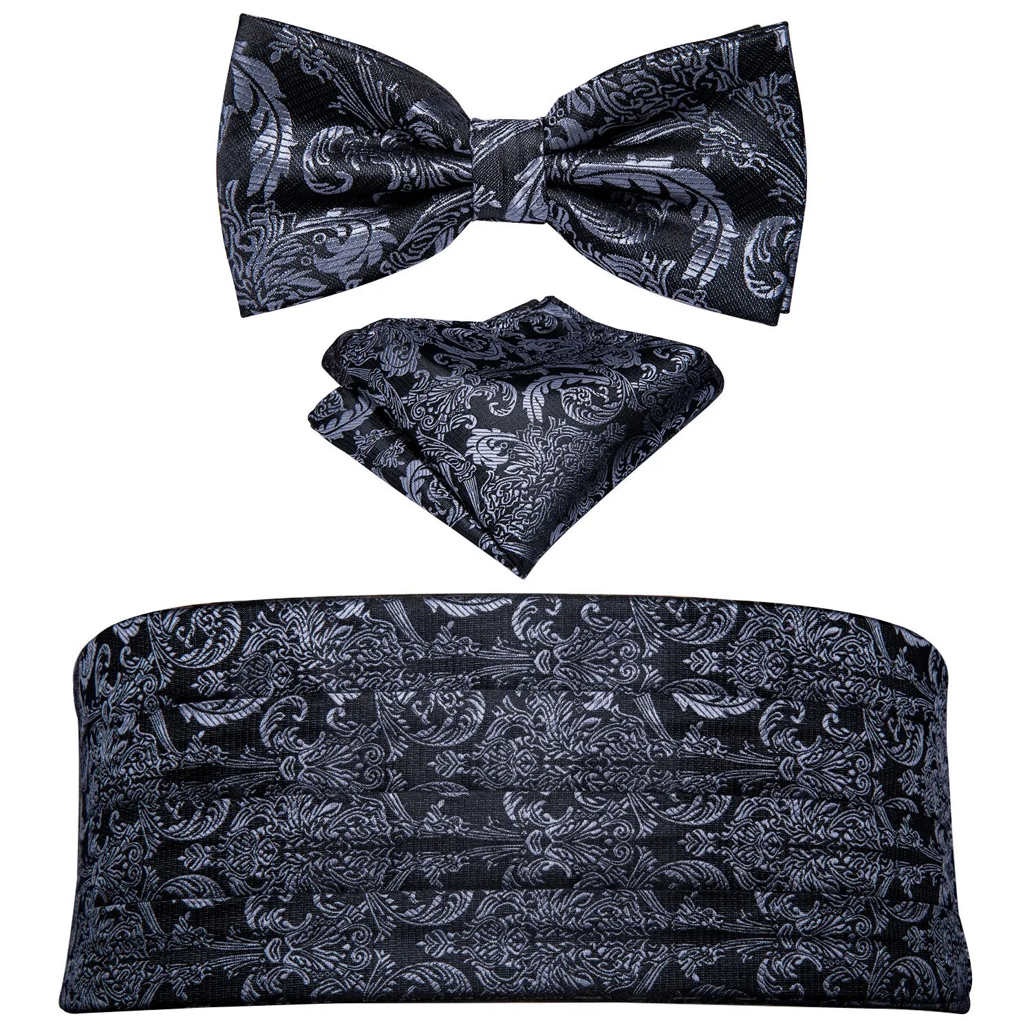 Black Paisley Men Cummerbund Silk Floral Bow Tie Set Pocket Square Cufflink Formal Tuxedo Suit Accessories