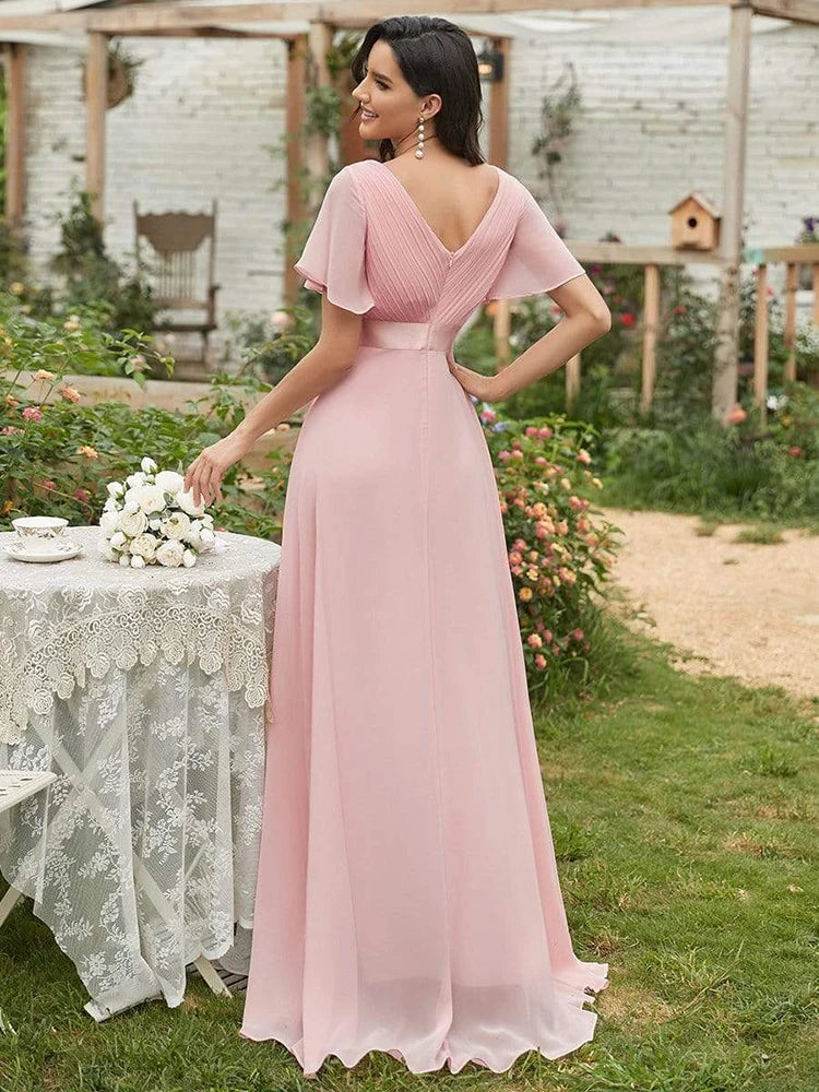 Bridesmaid Dresses Long Elegant A Line Double V Neck Ruffles Chiffon Formal Wedding Party Dress New Long Prom Dress