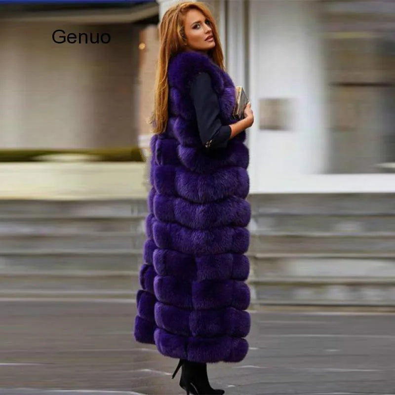 10-section Luxury Faux Fur Winter Vest Jacket Sleeveless Thick Warm Horizontal Striped Long Style Fluffy