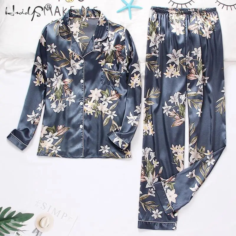 women Silk Satin pyjamas set Long sleeve Shirt with Trouser Sleepwear Loungewear Female Pyjamas Suits-Dollar Bargains Online Shopping Australia