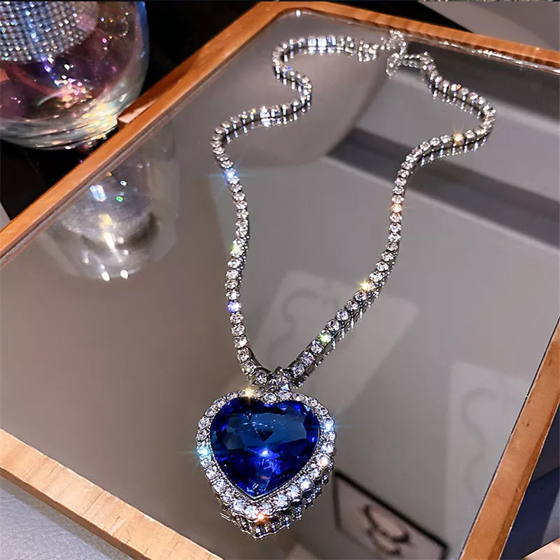 Blue Heart Crystal Necklaces for Women Long Chain Pendant Necklaces Statement Jewelry-Dollar Bargains Online Shopping Australia