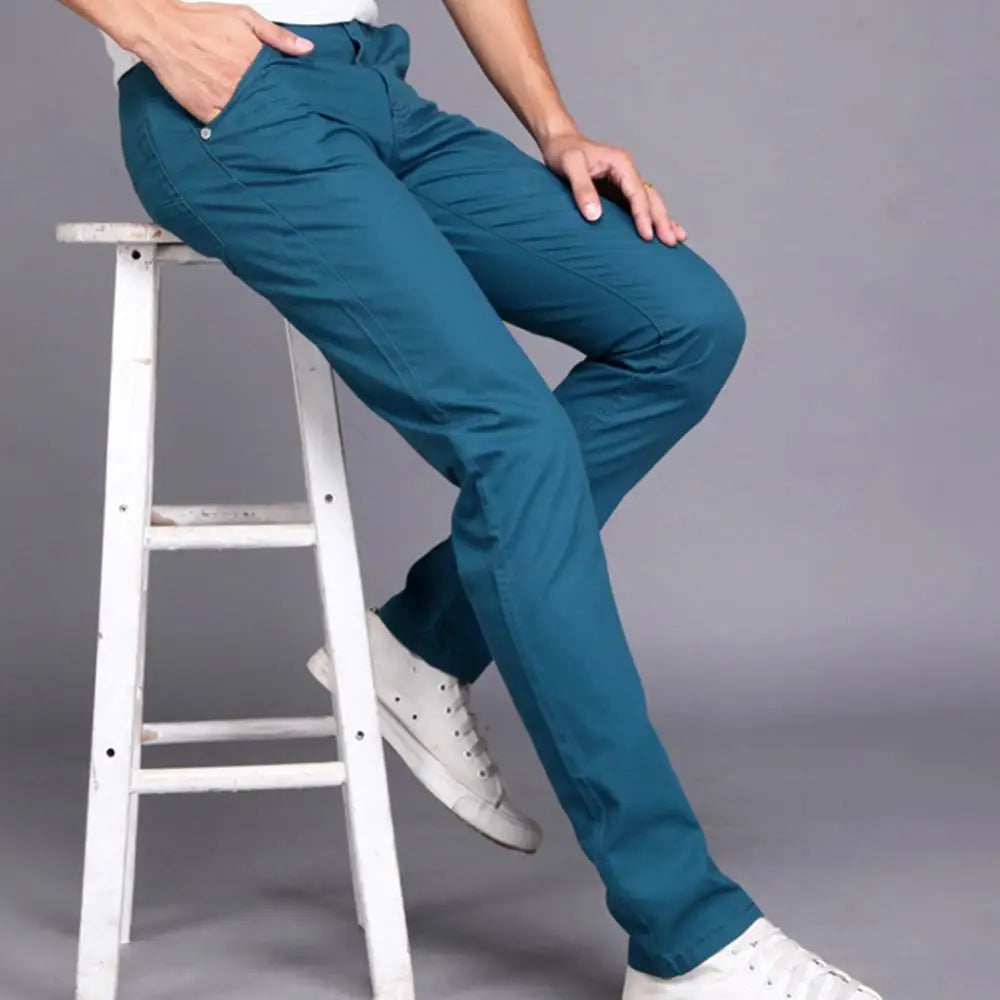 Casual Men Pants Autumn New Solid Color Button Cotton Straight Long Pants Pockets Business Trousers Fashion Male Plus Size Pants