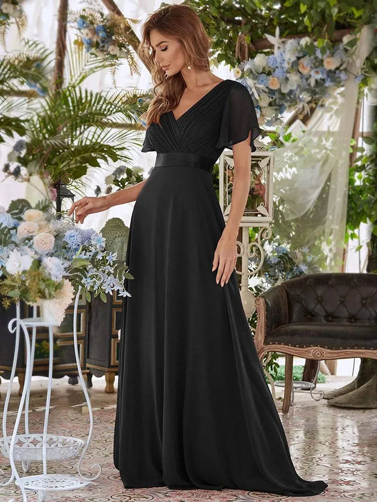 Bridesmaid Dresses Long Elegant A Line Double V Neck Ruffles Chiffon Formal Wedding Party Dress New Long Prom Dress