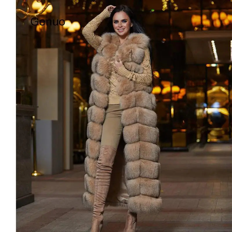 10-section Luxury Faux Fur Winter Vest Jacket Sleeveless Thick Warm Horizontal Striped Long Style Fluffy