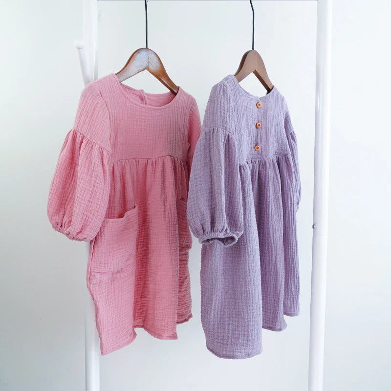 Children's Organic Cotton Double Gauze Loose Pockets Baby Girls Dress Fashion Princess Casual Kids Dresses-Dollar Bargains Online Shopping Australia
