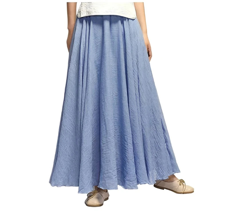 Women's Elegant High Waist Linen Maxi Skirt Summer Ladies Casual Elastic Waist 2 Layers Skirts