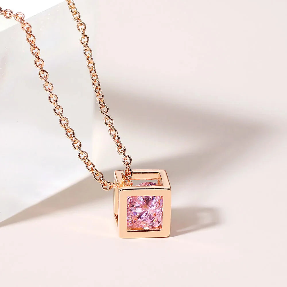 Charms Necklace For Women Aesthetic Cube Pink Zircon Rose Gold Color Choker Chain On Neck Jewelry Korean Pendants-Dollar Bargains Online Shopping Australia