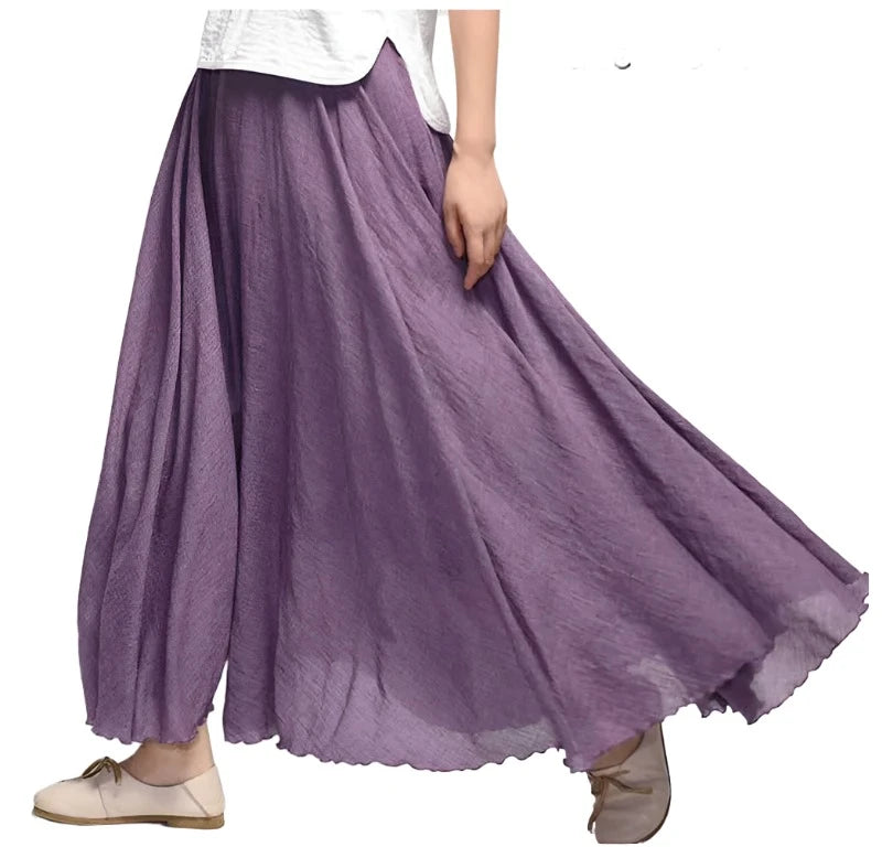 Women's Elegant High Waist Linen Maxi Skirt Summer Ladies Casual Elastic Waist 2 Layers Skirts