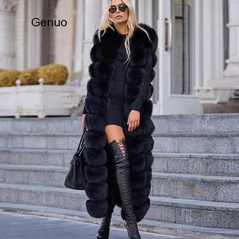 10-section Luxury Faux Fur Winter Vest Jacket Sleeveless Thick Warm Horizontal Striped Long Style Fluffy