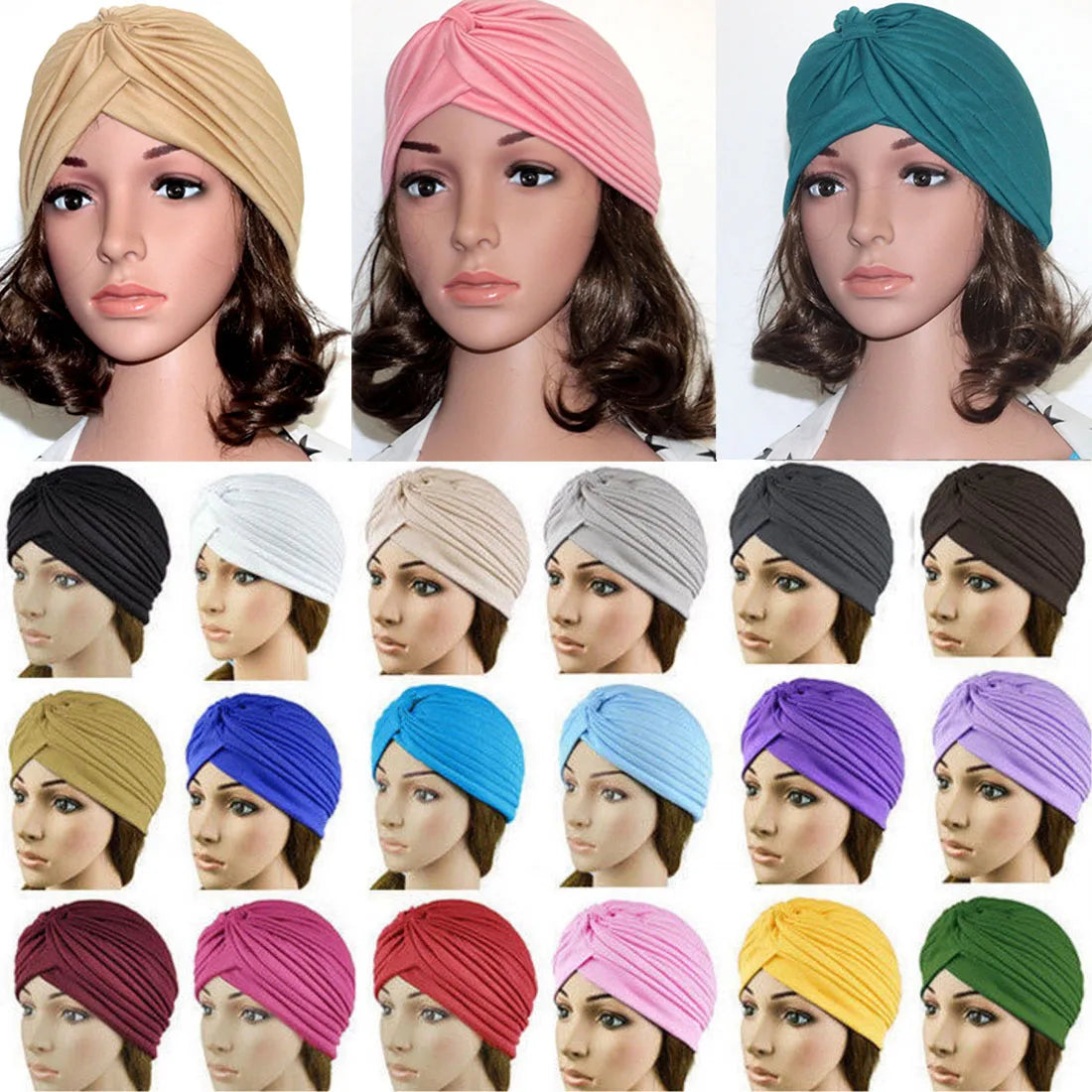 Stretchy Turban Muslim Hat Women's Hat Fashion Solid Bandage Bandanas Headband Wrap Hijab Knotted Indian Cap