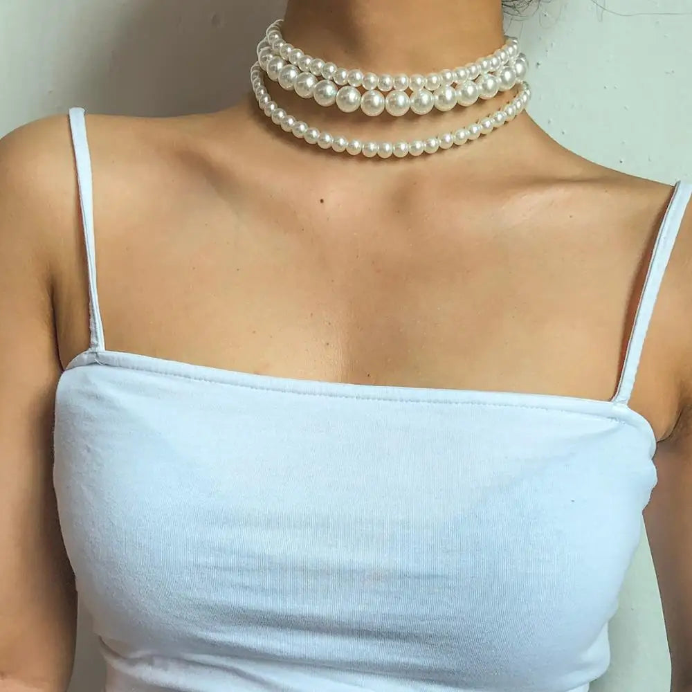 Multi-Layer White Imitation Pearl Necklace Bead Chain Punk Ladies Wedding Short Clavicle Charm Banquet Jewelry