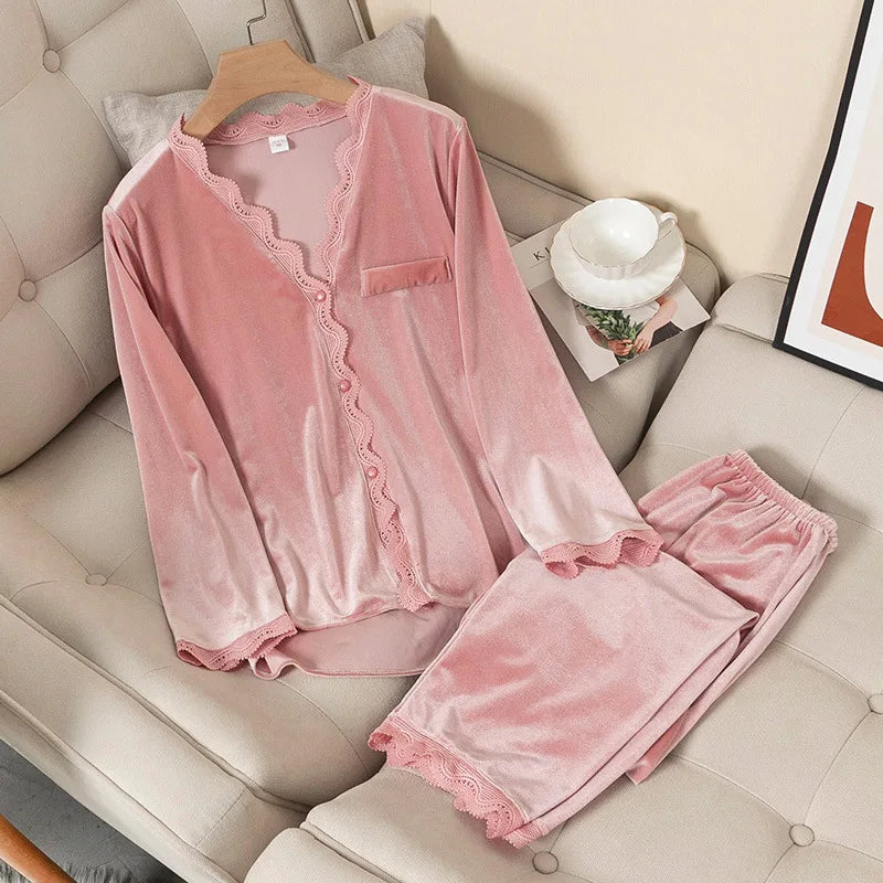 Velvet Pyjamas Women Sleepwear Long Sleeve Casual Nightwear Suit Loose Lace Trim Sleep Set